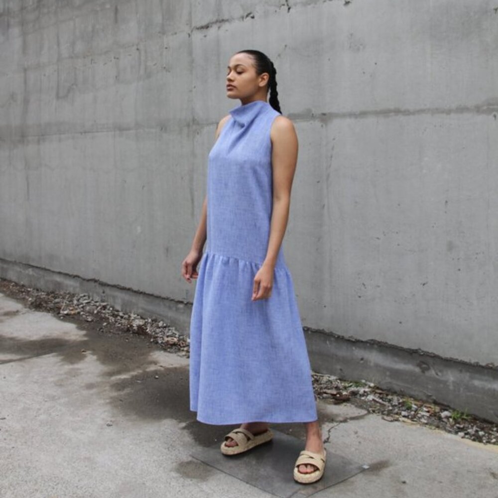 NOMIA COWL NECK DRESS - WHITE / COBALT MELANGE 6 NWT